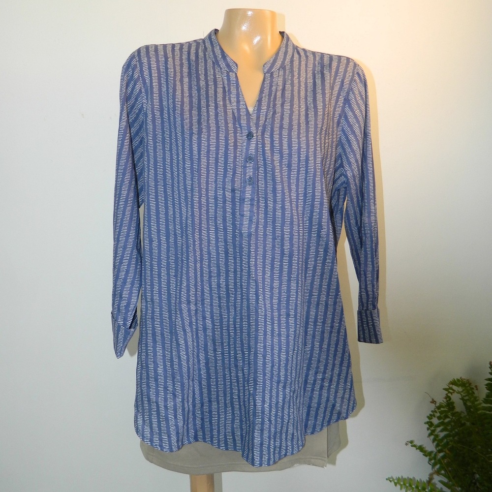 Hester & Orchard Tunic Top Women Large Blue White Striped Split Neck Cotton New